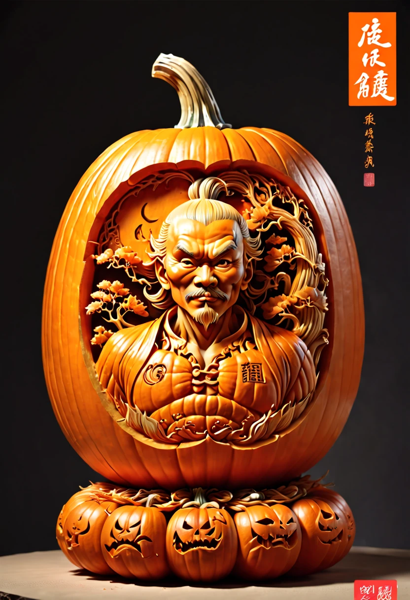 Pumpkin Carving design style, dynamic illustration by Qi Baishi and Chen Longque and Chen Dingbo Carved on Pumpkin, octane render, (best quality, masterpiece, Representative work, official art, Professional, 8k:1.3)