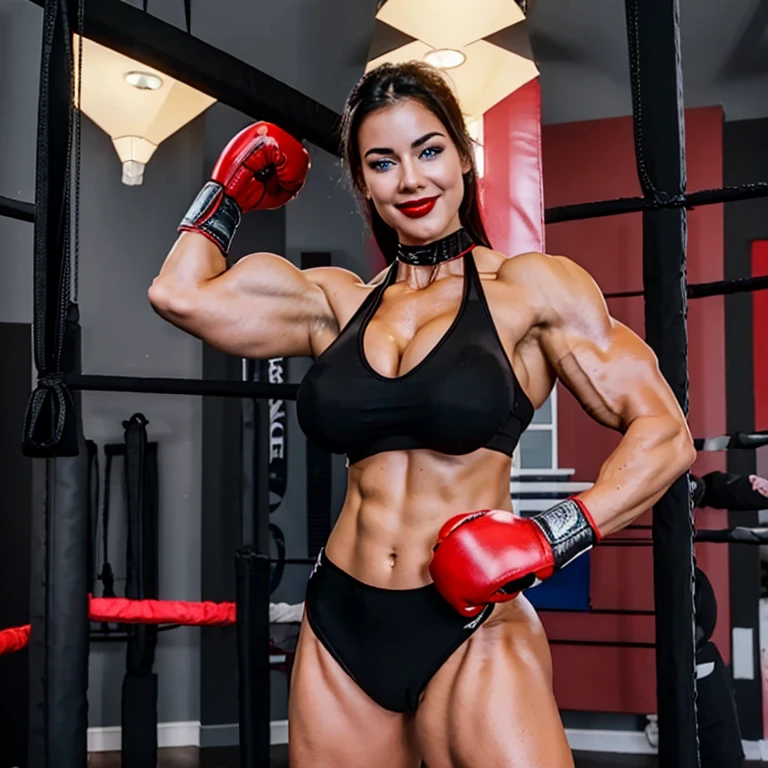 girl flexing biceps wearing red boxing gloves, muscular, bodybuilder, big muscles, huge biceps, muscular defined abs, stunning, blue eyes, black hair, full red lips, smiling, big boobs in black bikini, ample cleavage, full body shot, hyper-realistic image, high definition picture on a bedroom