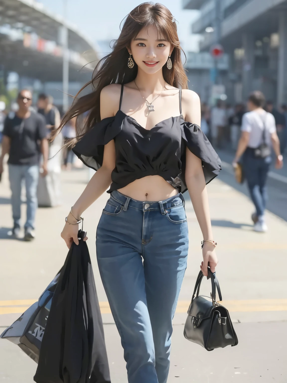 ((best quality)), ((masterpiece)), ((1 girl)), alone, ferry, ((long hair)), ferryBase, ((Raise your legs high)), shoulder, ((jewelry)), ((sleeveless))，Smile