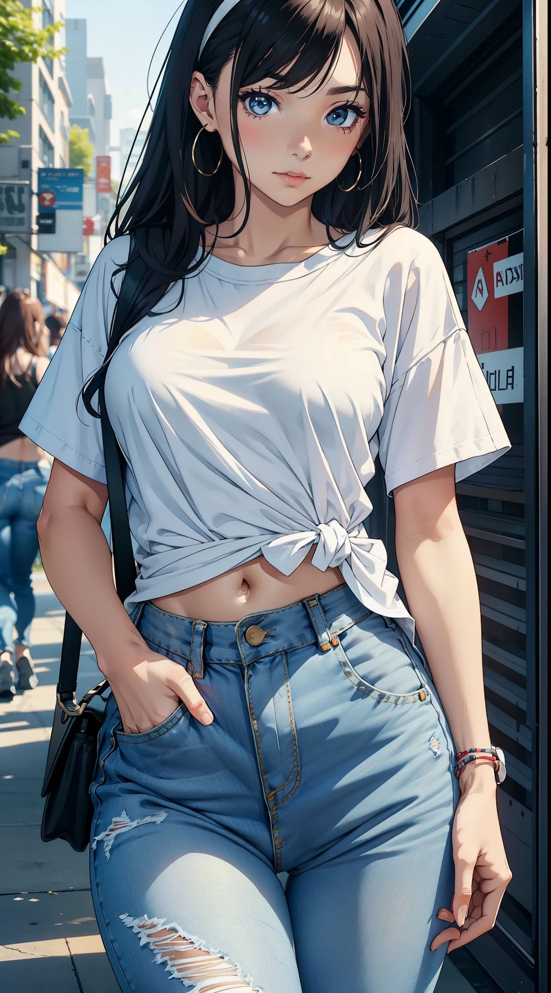 "Flirting expressions, 1 Cute and charming girl wearing white skinny t-shirt,and tied a jeans shirt around the waist, wearing jeans. She in good shape,The thighs are thin, Expose half of your body until mid-thigh."