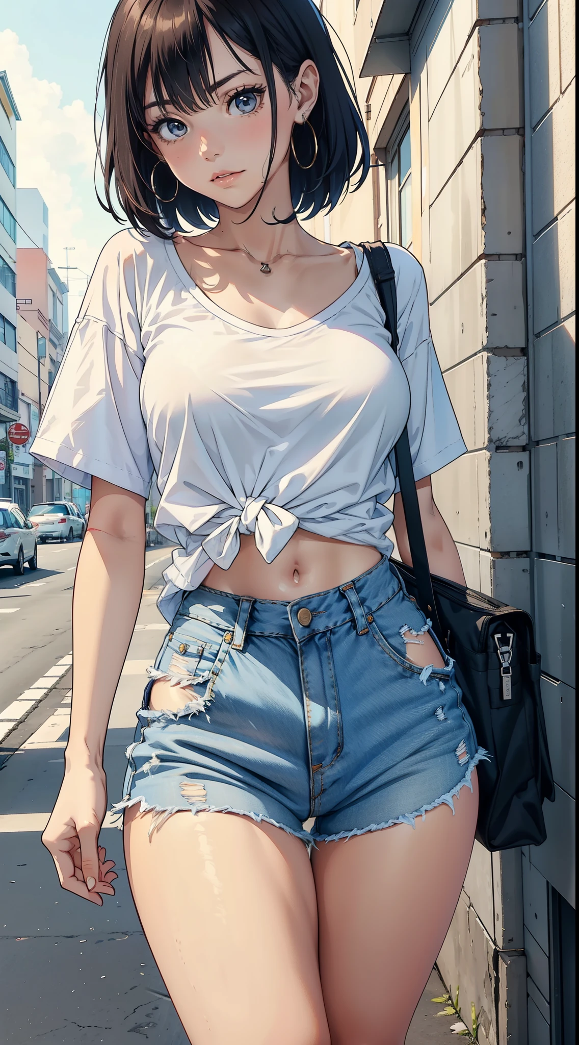 "Flirting expressions, 1 Cute and charming girl wearing white skinny t-shirt，and tied a jeans shirt around the waist, wearing jeans. She  in good shape，The thighs are thin, Expose half of your body until mid-thigh."