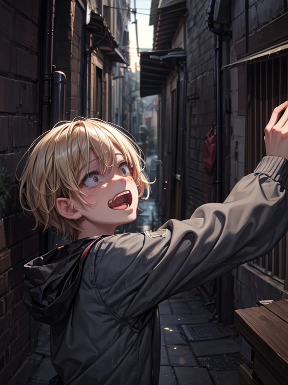 (masterpiece), best quality, high quality, dynamic light, 1boy, scared expression, open mouth, clenched teeth, upper body, face focus, night sky, dark alley, horror, from side