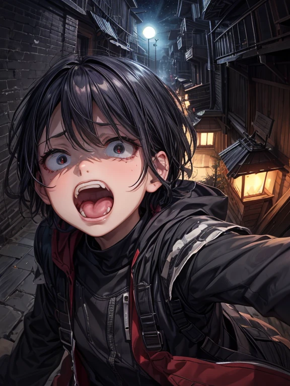(masterpiece), best quality, high quality, dynamic light, 1boy, scared expression, open mouth, clenched teeth, upper body, face focus, night sky, dark alley, horror, from side