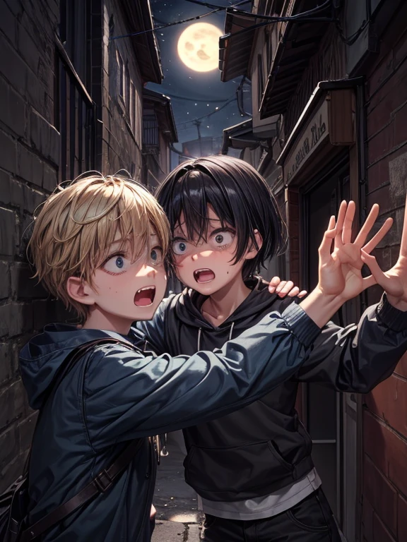 (masterpiece), best quality, high quality, dynamic light, 1boy, scared expression, open mouth, clenched teeth, upper body, face focus, night sky, dark alley, horror, from side