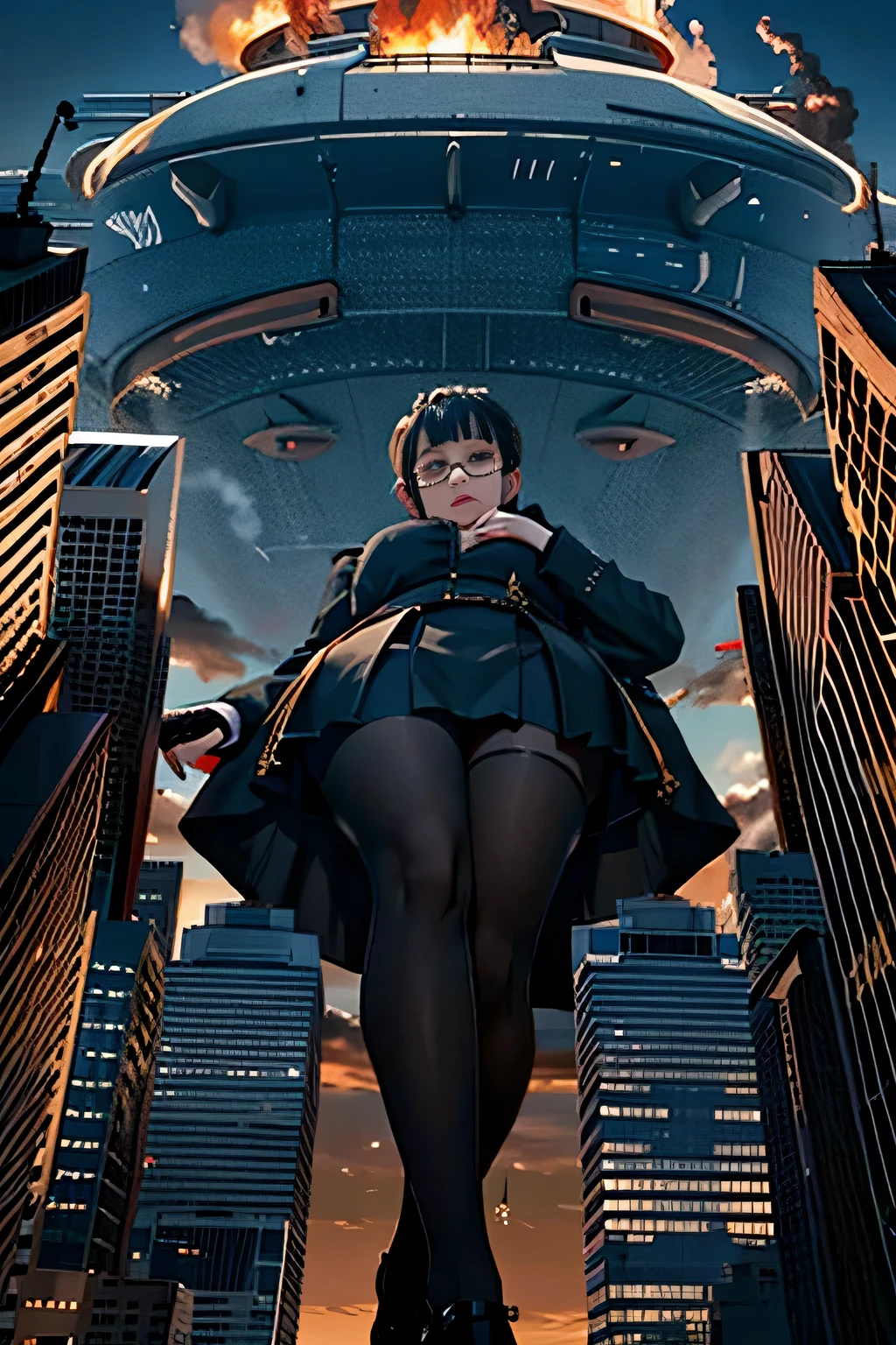 Giant娘 art, surreal high school girl, 非常に詳細なGiantショット, Giant, short hair, a huge high school girl、'It's much bigger than a skyscraper, wearing rimless glasses, big breasts, big ass, navy blue blazer, red tie, mini length skirt, black pantyhose, Don't wear shoes., miniature metropolis, 私たちは非常にsmall battleshipに攻撃されています., GTS, giga Giant娘, Giant娘, crashed battleship, small battleship, micro battleship,