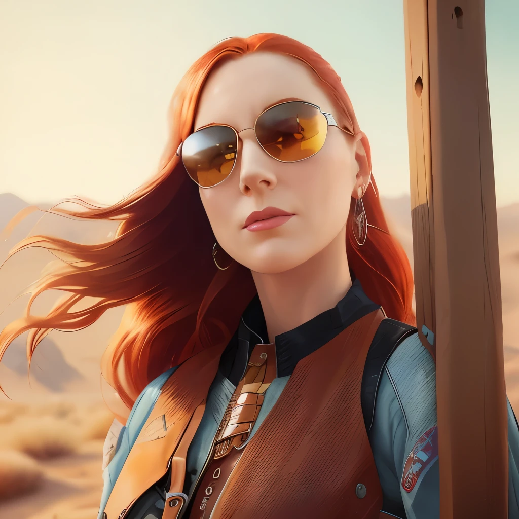 redhead haired woman with sunglasses and a leather vest standing in the desert, cgsociety portrait, stunning digital illustration, epic portrait illustration, epic digital art illustration, photorealistic artstyle, highly realistic digital art, artgerm julie bell beeple, high quality portrait, photorrealistic concept art, beautiful digital artwork, artwork in the style of guweiz