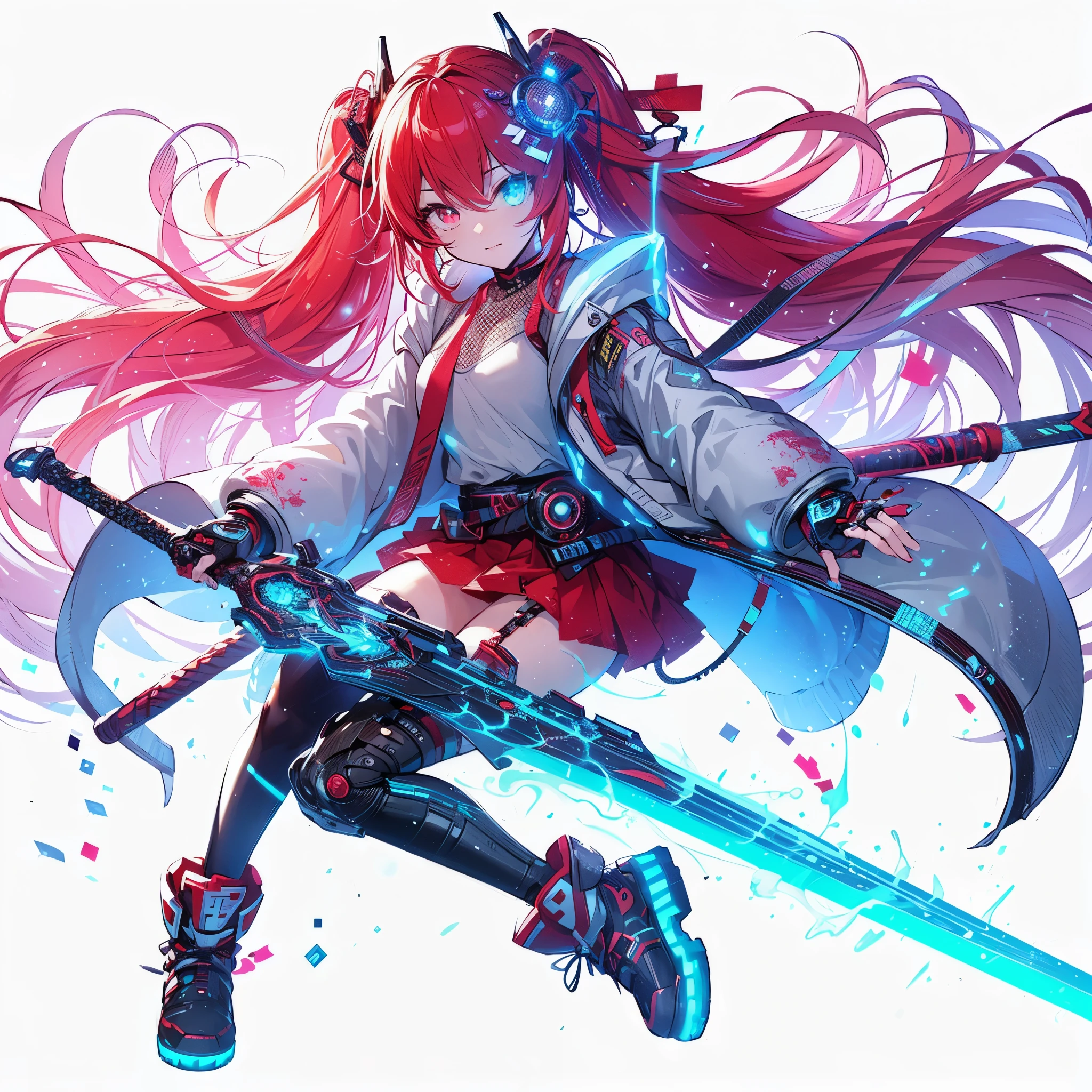 (Masterpiece, best quality), (perfect athlete body: 1.2), (detailed hair), super detailed, anime style, full body, cyber punk magical girl, hold on high tech energy KATANA, red hair, glowing white eye, cute girl outfit, cyber hi-tech boots, high resolution, digital painting, 8k high resolution, trending art station, white background, whole body.