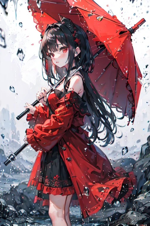 a red haried woman with red eyes is kissing a black haired woman with brown eyes underneath an umbrella on a rainy day.
