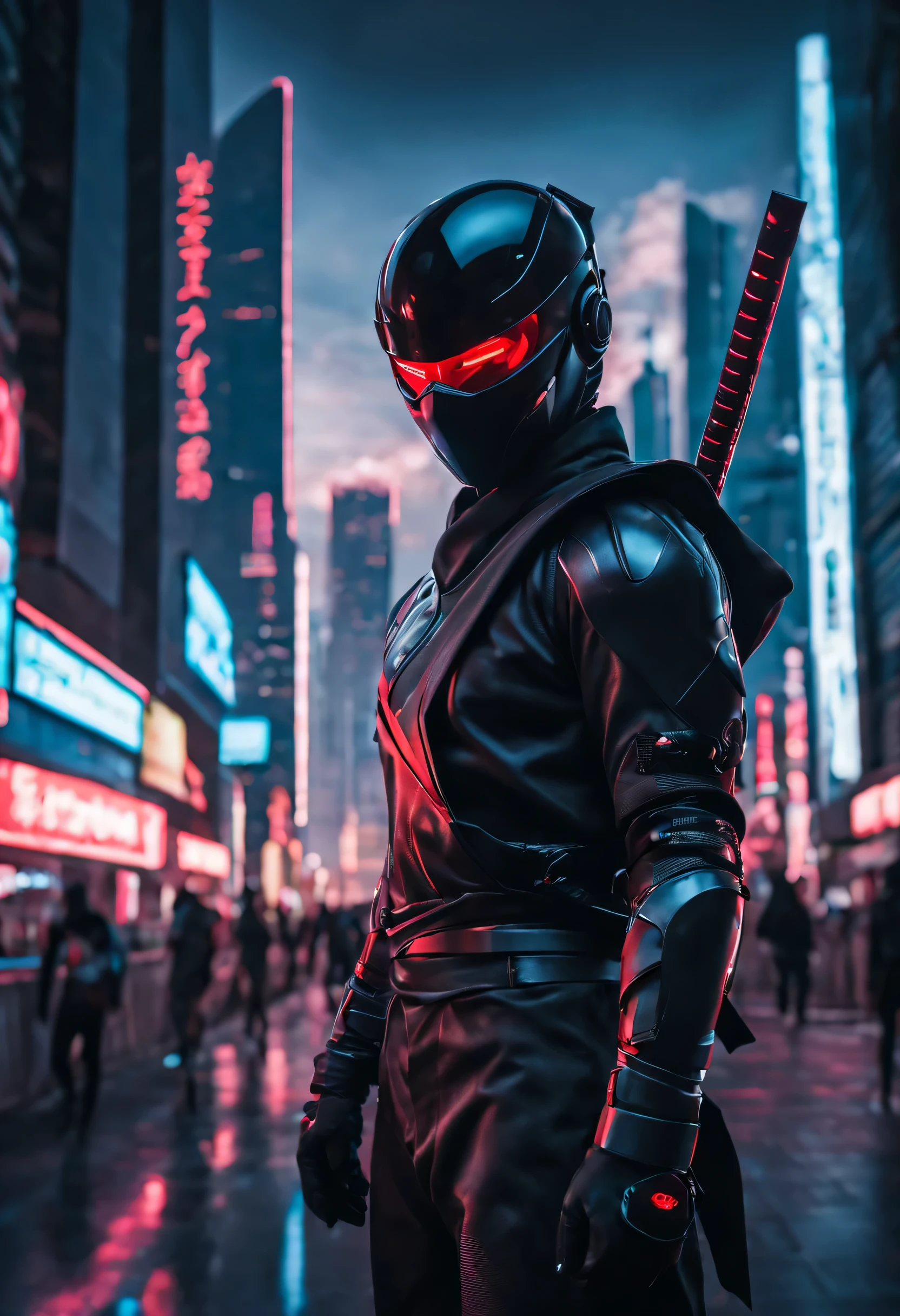 A futuristic city serves as the backdrop, illuminated by vibrant neon lights and towering skyscrapers. In the forefront stands a mysterious humanoid ninja, their piercing red eyes captivating the viewer's attention. This visually stunning photograph showcases the ninja's sleek, black attire blending seamlessly with their surroundings, exuding an aura of secrecy and agility. The image expertly captures the essence of a futuristic world, rendering intricate details with impeccable clarity.