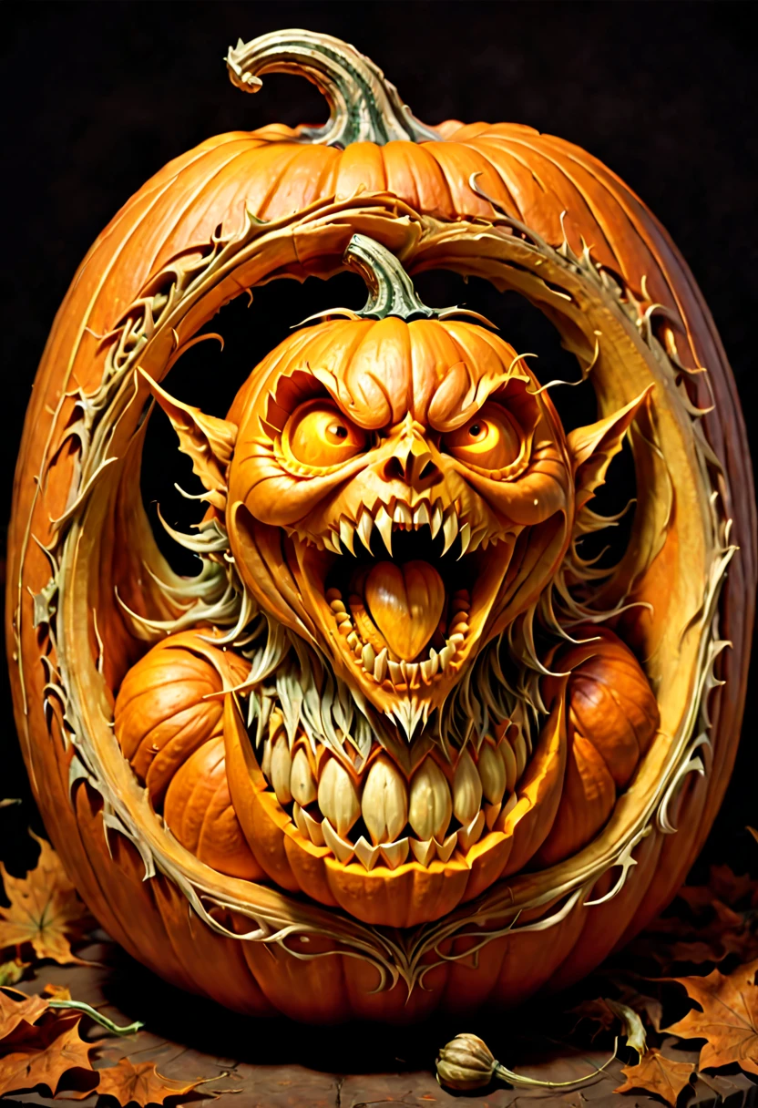 Pumpkin Carving design style, dynamic illustration by Qi Baishi and Chen Longque and Chen Dingbo Carved on Pumpkin, octane render, (best quality, masterpiece, Representative work, official art, Professional, 8k:1.3)