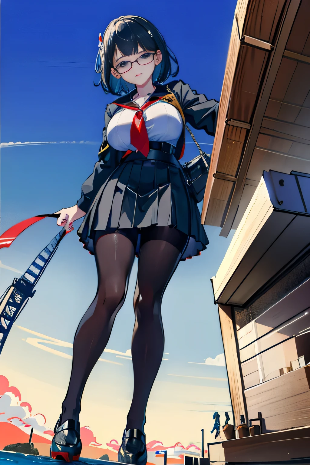 Giant娘 art, surreal high school girl, 非常に詳細なGiantショット, Giant, short hair, a huge high school girl、&#39;It&#39;s much bigger than a skyscraper, wearing rimless glasses, big breasts, big ass, navy blue blazer, red tie, mini length skirt, black pantyhose, Don't wear shoes., miniature metropolis, 私たちは非常にsmall battleshipに攻撃されています., ＧＴＳ, giga Giant娘, Giant娘, crashed battleship, small battleship, micro battleship,