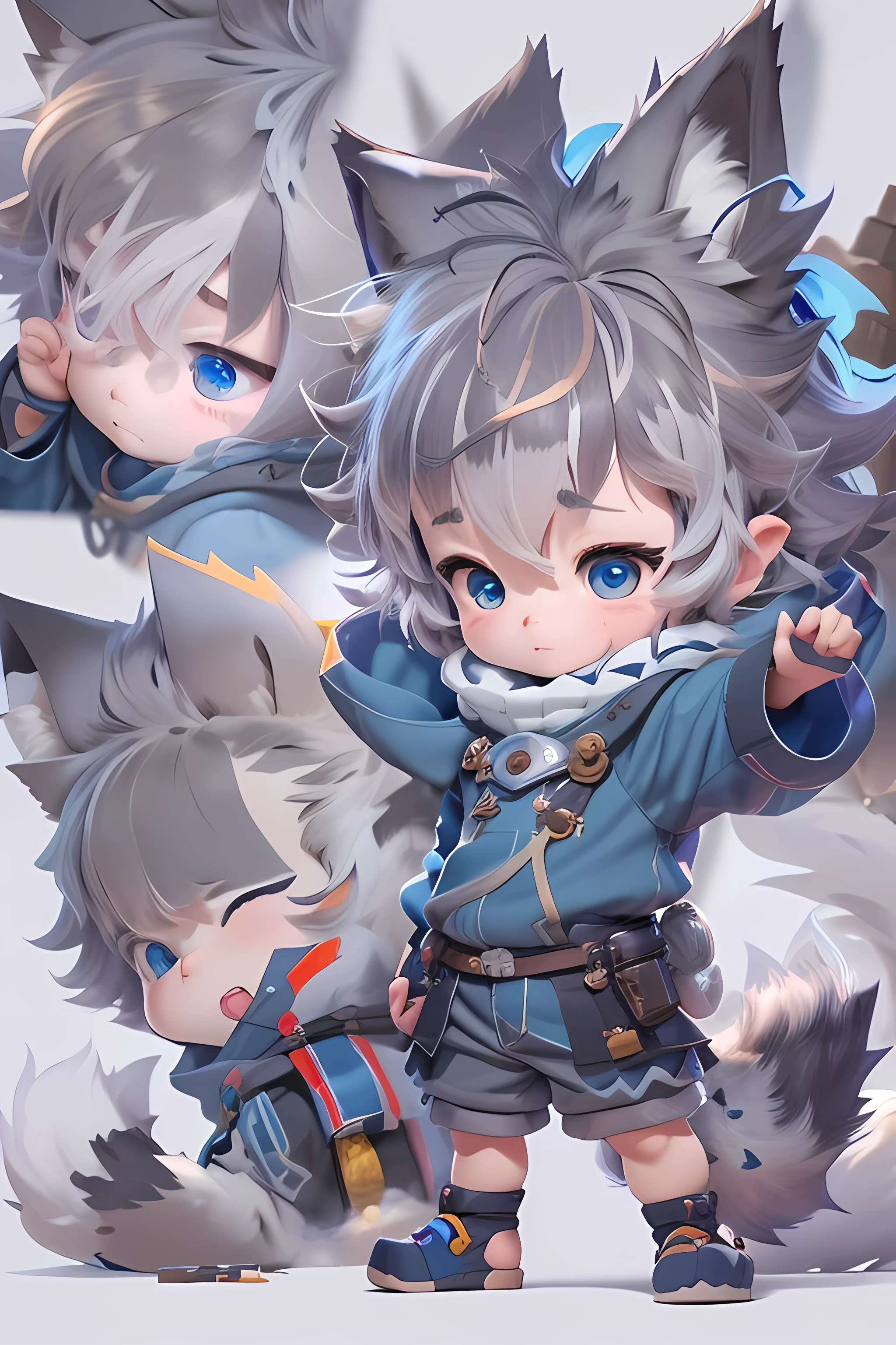 (1boy), (Shota), (HD quality, masterpiece level), cute character, dark gray hair, blue eyes, (wolf ears), (wolf tail), one tail, (no ears),  boy, (ears covered), (hair covered ears), a pinch of blue bangs, full body picture, chubby face, happy, cute feet, cute face, solo, cinematic lighting,