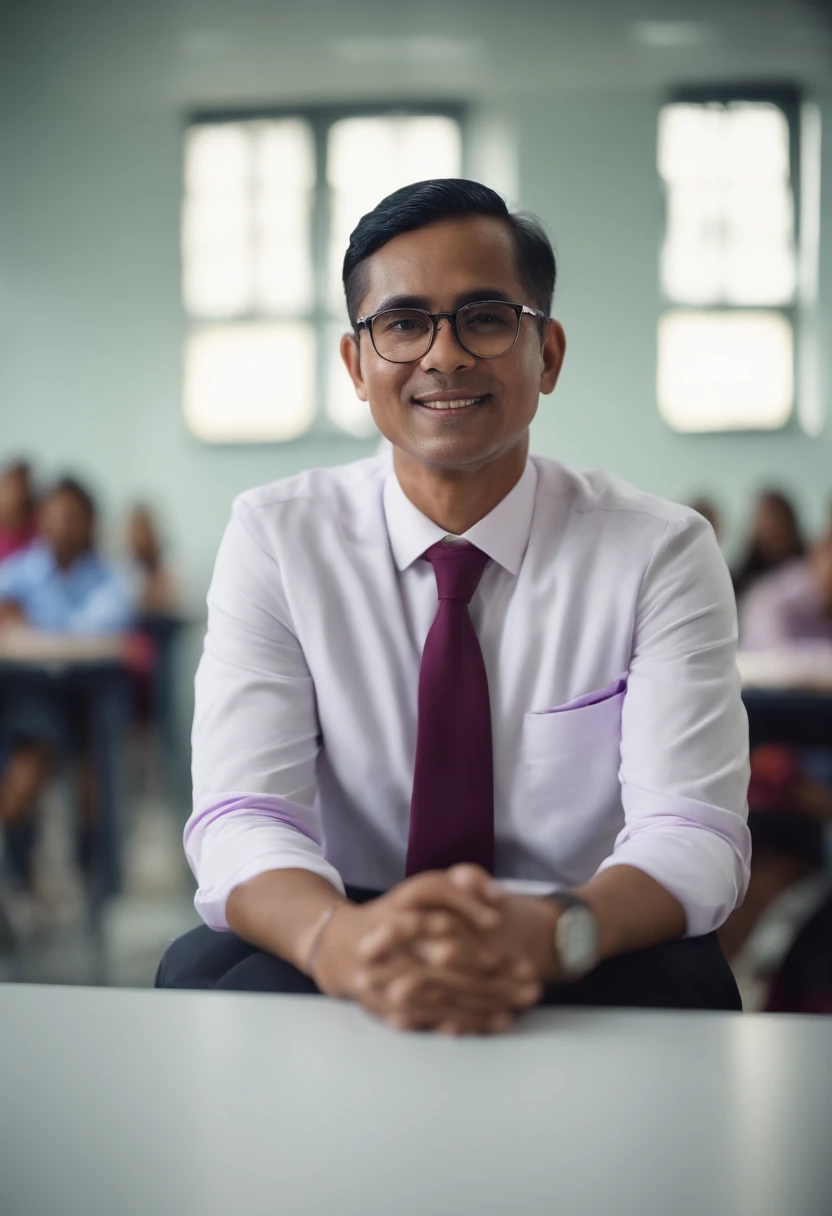Portrait of a malay teacher, in purle shirt, white suit, blurred classroom background.
