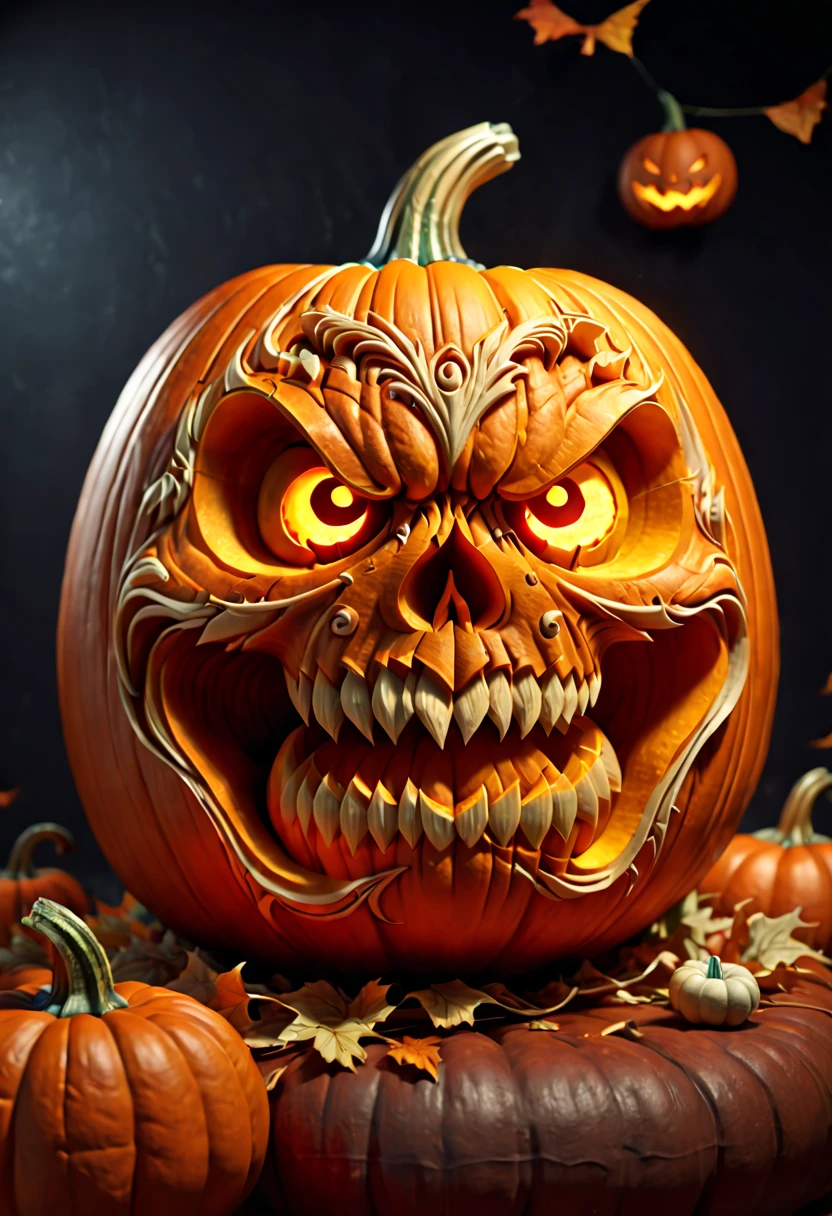 Pumpkin Carving design style, dynamic illustration by Ivan Plush Carved on Pumpkin, octane render, (best quality, masterpiece, Representative work, official art, Professional, 8k:1.3)