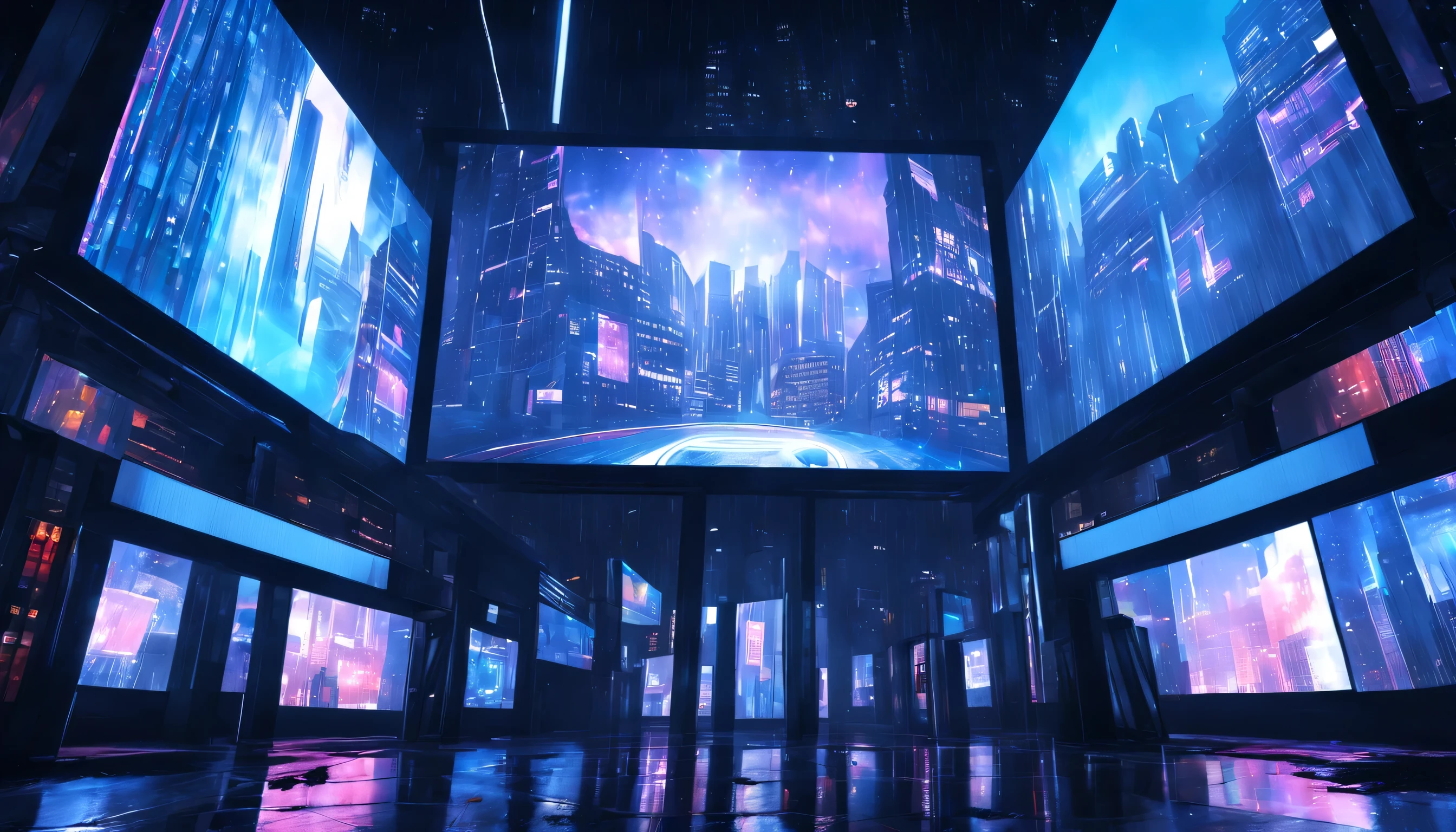 one big in the center of screen holographic billboards in very dark abandoned futuristic city, rainy night