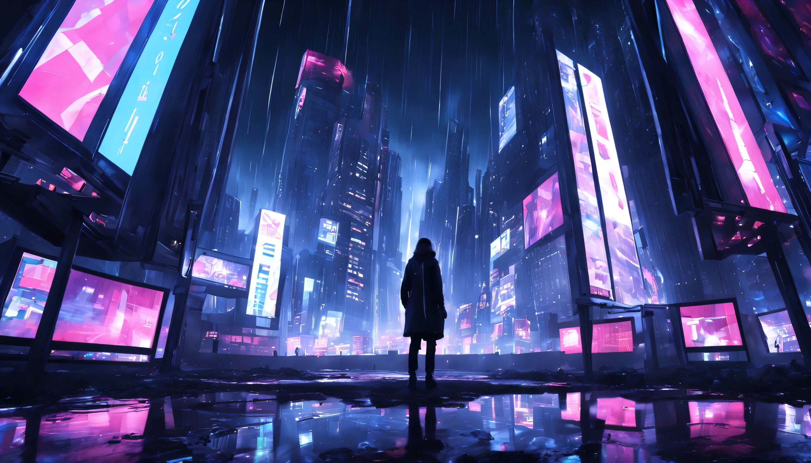 one big in the center of screen holographic billboards in very dark abandoned futuristic city, rainy night
