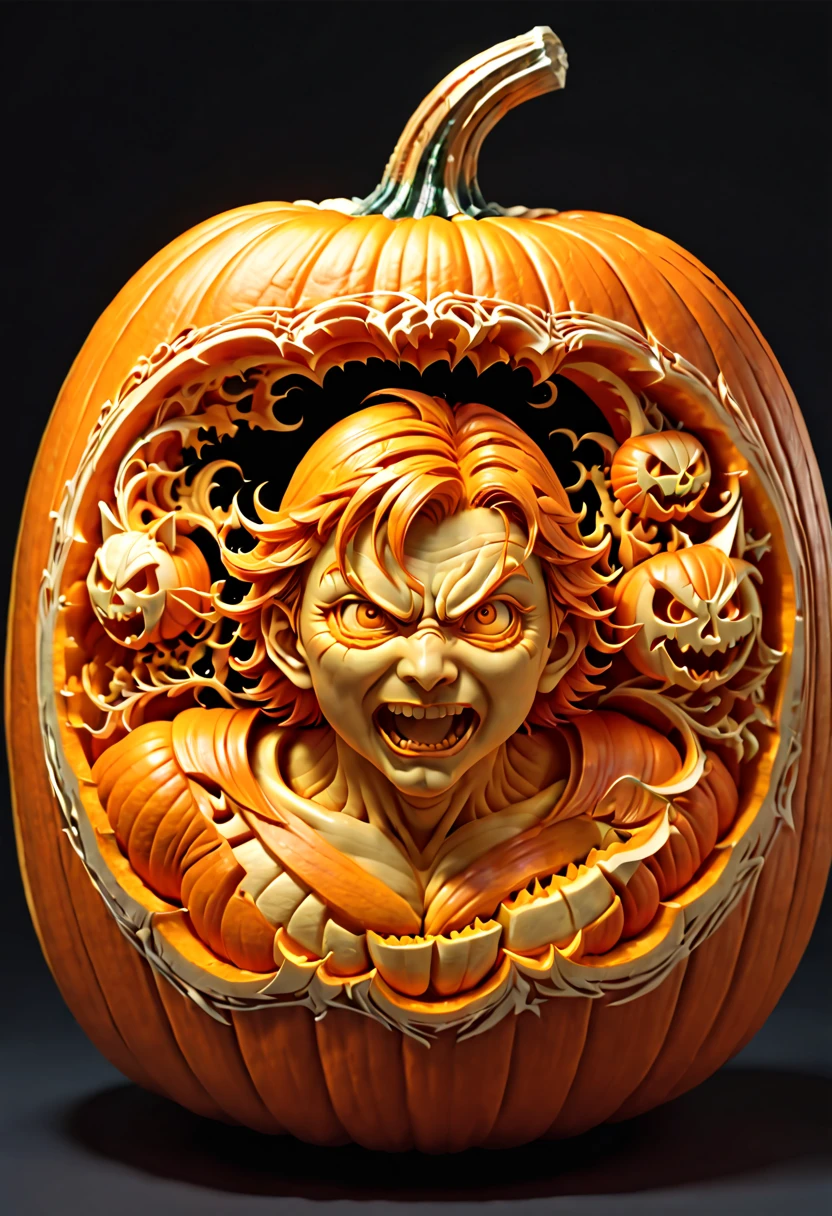 Pumpkin Carving design style, dynamic illustration by Chiho Aoshima Carved on Pumpkin, octane render, (best quality, masterpiece, Representative work, official art, Professional, 8k:1.3)