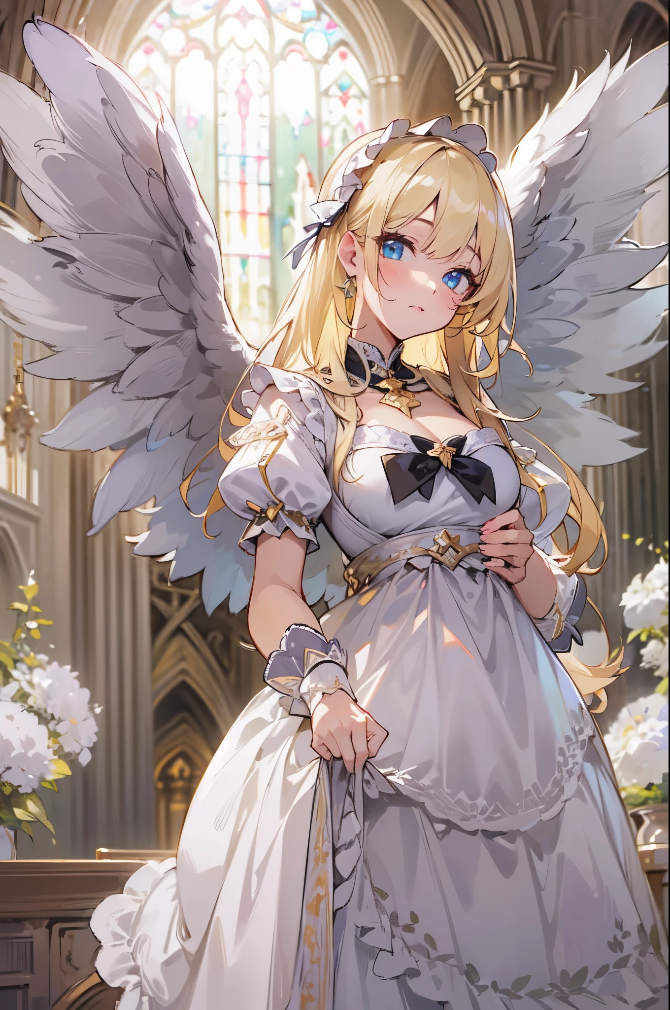 masterpiece, Hyper quality, Hyper detailed, perfect picture, alone, beauty, 1 girl, maid costume, Angel Wings, alone, Peaceful look, long blonde hair, enchanting eyes, ridiculously large breasts, shiny skin, church