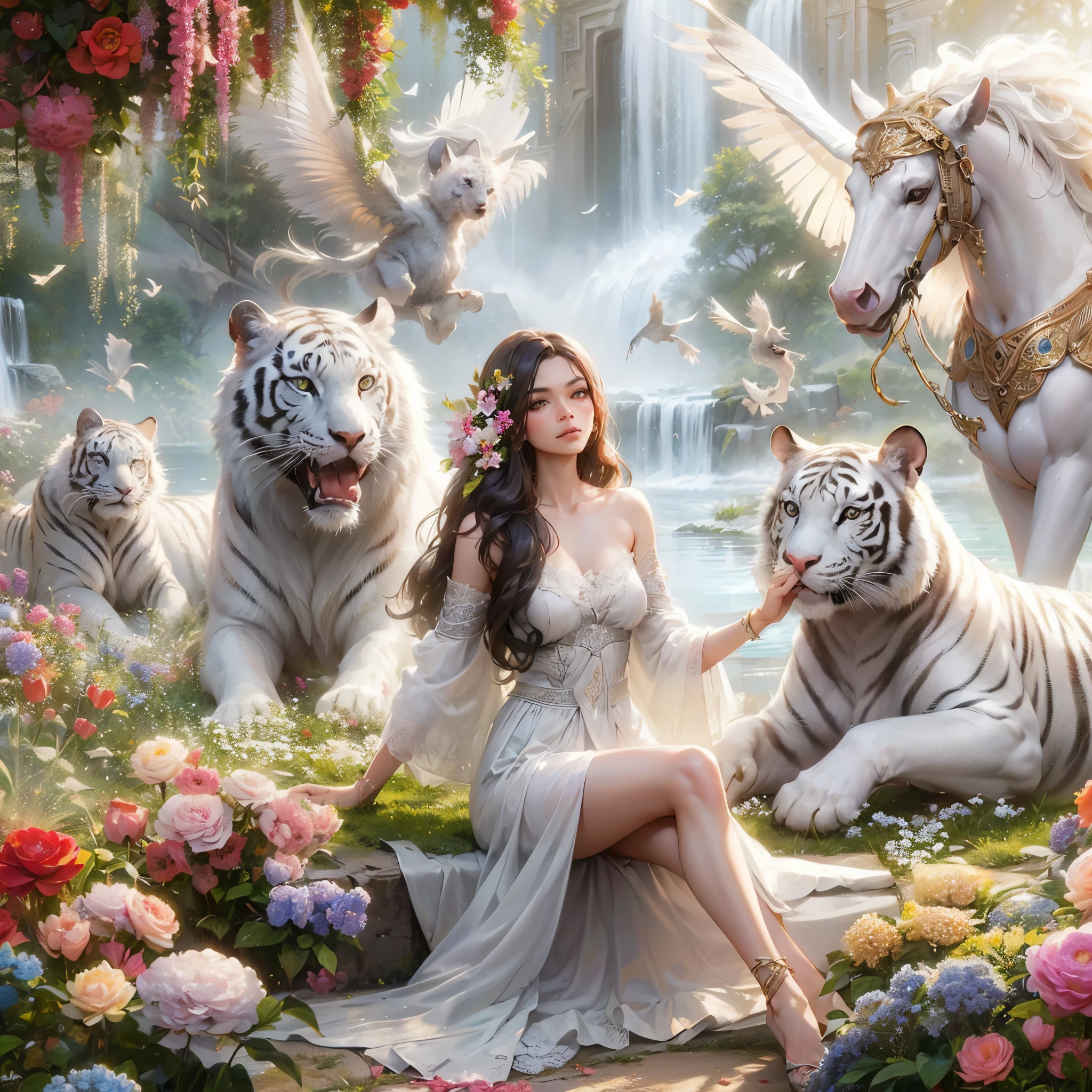 a woman sitting on a bed of flowers next to a white horse and white tiger, very beautiful fantasy art, beautiful fantasy art, beautiful fantasy painting, fantasy beautiful, beautiful detailed fantasy, beautiful art uhd 4 k, breathtaking fantasy art, beautiful fantasy, fantasy painting hd, amazing fantasy art, detailed fantasy digital art, hd fantasy art, digital art fantasy art, masterpiece, best quality:1.2),(8k,highres,RAW photo,realistic,photo-realistic:1.3),(detailed skin texture,detailed cloth texture,beautiful detailed face:1.25),professional lighting,photon mapping,beautiful soft light,radiosity,physically-based rendering,model shoot style, model shoot style, (extremely detailed CG unity 8k wallpaper), full shot body photo of the most beautiful artwork in the world, complex 3d render ultra detailed, looking at viewer, 18 yo, wet hair, real human skin, vibrant details, hyperrealistic, beautiful, octane render, an extremely delicate and beautiful, extremely detailed ,CG ,unity ,wallpaper,Amazing, finely detail,official art,extreme detailed eyes, (perfect face), shiny skin, colorful, highest detailed, vibrant colors, ultra high res, (high contrast), intricate, lens flare, (((nsfw))), (((nipples)))