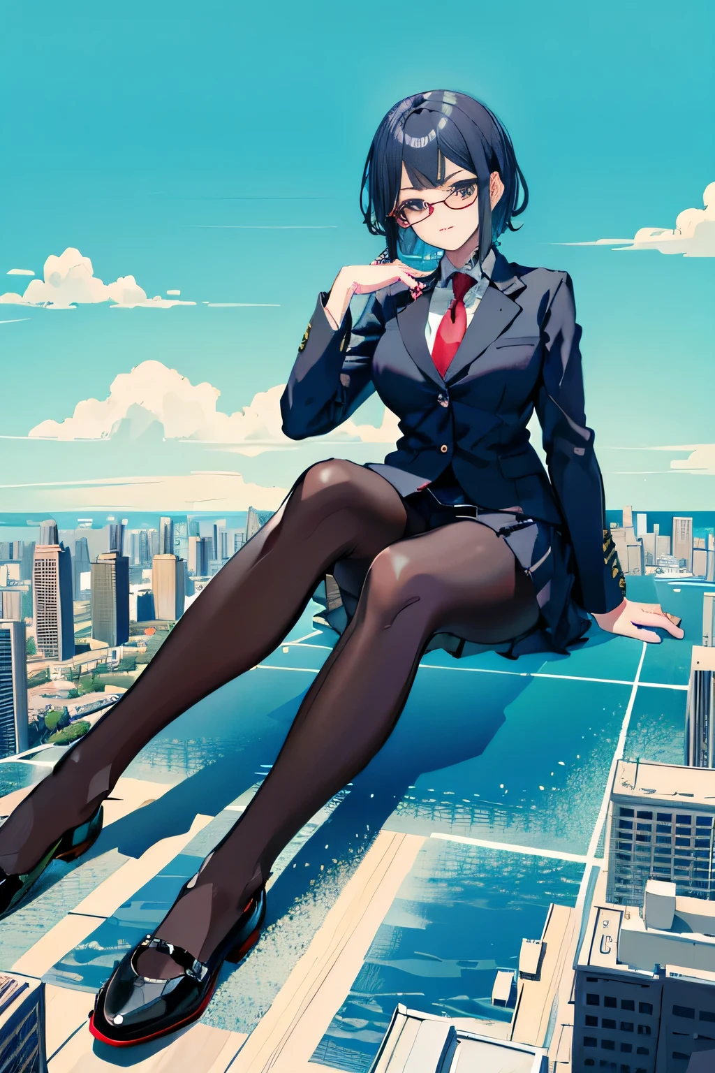 Giant娘 art, surreal high school girl, 非常に詳細なGiantショット, Giant, short hair, a huge high school girl、&#39;It&#39;s much bigger than a skyscraper, wearing rimless glasses, big breasts, big ass, navy blue blazer, red tie, mini length skirt, black pantyhose, Don't wear shoes., miniature metropolis, 私たちは非常にsmall battleshipに攻撃されています., ＧＴＳ, giga Giant娘, Giant娘, crashed battleship, small battleship, micro battleship,