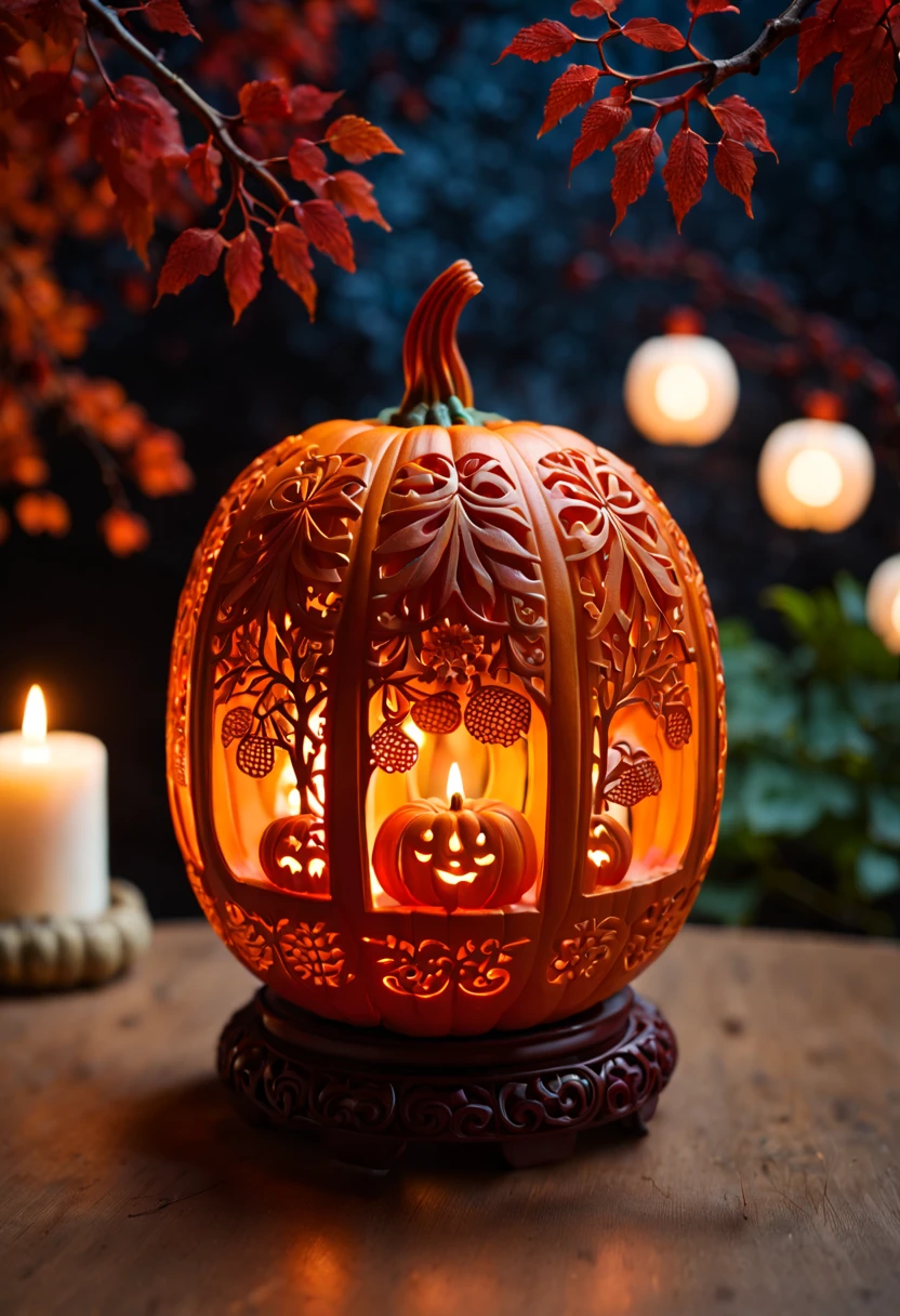 night，micro landscape，Pumpkin carved with fun forest pattern，Nangu lantern，南瓜内的micro landscape，Beautiful carvings on pumpkineautiful pattern，hollow，Warm candle flame inside pumpkin，Red tassel decoration，Pearl decoration，Chinese elements