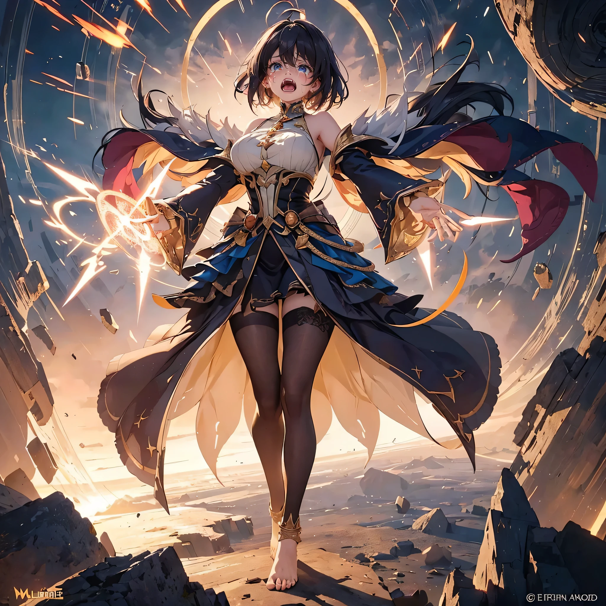 Female wizard, Emotional outbursts, ((tears of excitement)), rage, Magic Activation, (emit strong light from the eyes, narrow your eyes), hatred, Show fangs, (glare at), (A huge layered magic circle at her feet), wilderness, (aerial angle), raise her arms symmetrically, (standing straight on the ground),