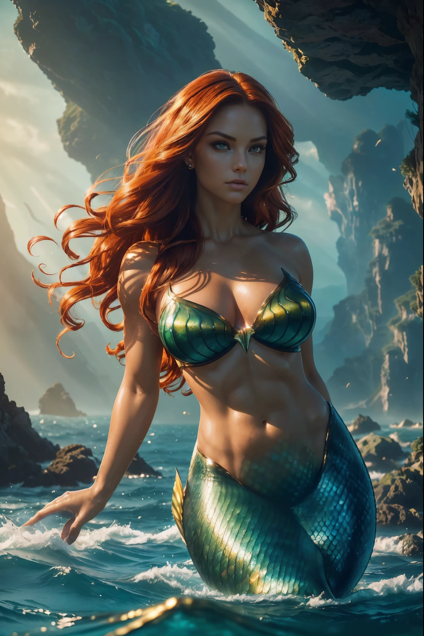 (((, strong, attractive, y, powerful, tan skin female, mermaid,)))( red hair curly, cleong hair, (green eyes, statuesque oblong-shaped face, vivacious eyes, tone, long,) character shot (masterpiece), (ultra-detailed), (perfect detailtremely fine and beautiful), beautiful face, beautiful eyes, (detailed face, detailed eyes), detailed lip, shiny hair, sense of depth, depth of field, dynamic angle, scenery, dramatic lighting, volumetric lighting, golden hour, dangerous::2 (lots of fish), ocean scene, underwater, ,(science ,fantasy),((magic, futuristic fantasy))