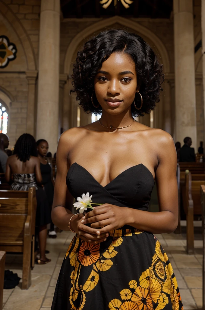 A female AI model of East African descent, possibly resembling the beauty standards of Burundi or Rwanda. She has the rich, dark skin tone often associated with African heritage. Her hair styled in a modern African manner, perhaps in beautifully an afro, showcasing the unique and diverse hair textures found in Africa. Her body, in line with East African aesthetics, strong and graceful with striking eyes, and a warm, captivating smile holding a flower in a black dress in church