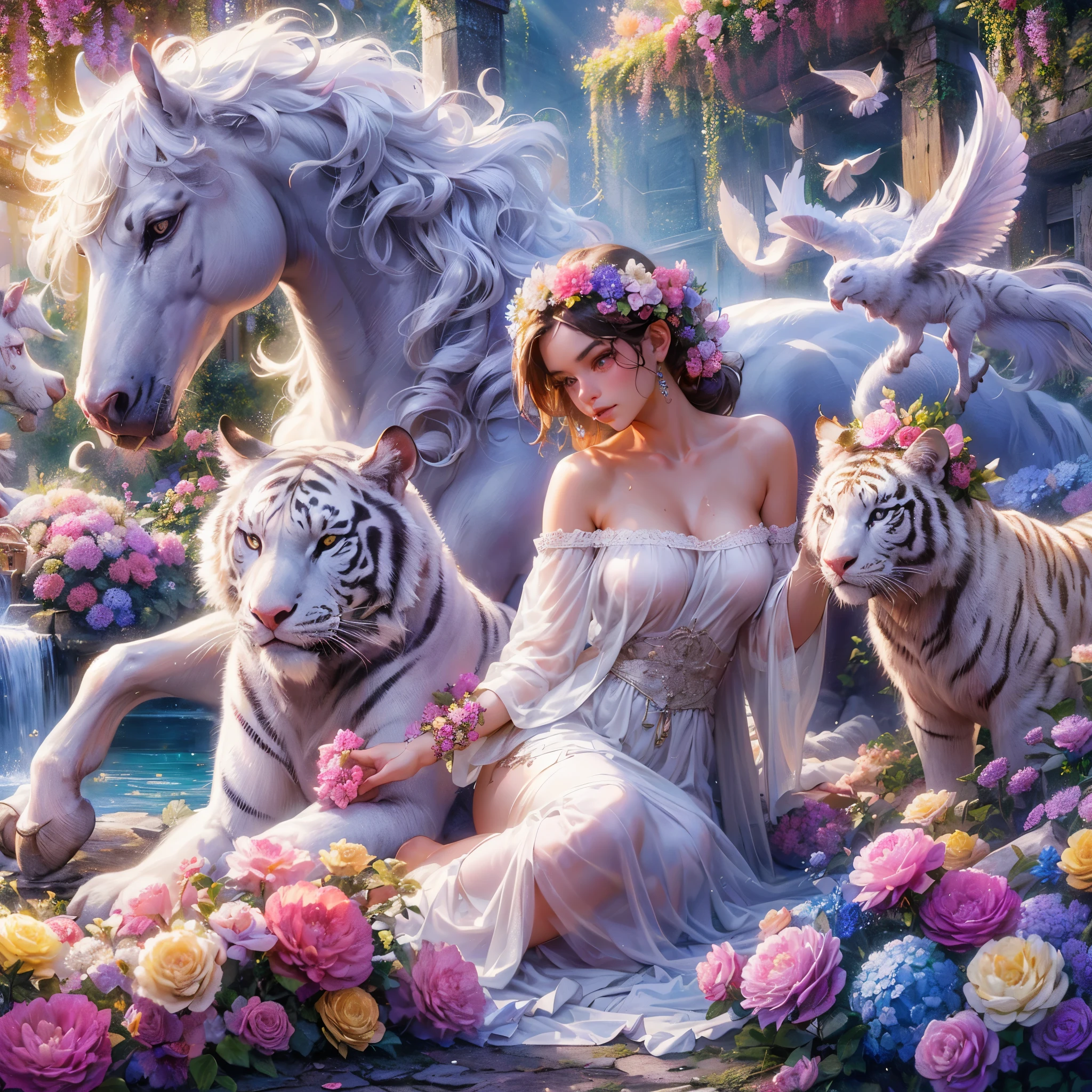 a woman sitting on a bed of flowers next to a white horse and white tiger, very beautiful fantasy art, beautiful fantasy art, beautiful fantasy painting, fantasy beautiful, beautiful detailed fantasy, beautiful art uhd 4 k, breathtaking fantasy art, beautiful fantasy, fantasy painting hd, amazing fantasy art, detailed fantasy digital art, hd fantasy art, digital art fantasy art, masterpiece, best quality:1.2),(8k,highres,RAW photo,realistic,photo-realistic:1.3),(detailed skin texture,detailed cloth texture,beautiful detailed face:1.25),professional lighting,photon mapping,beautiful soft light,radiosity,physically-based rendering,model shoot style, model shoot style, (extremely detailed CG unity 8k wallpaper), full shot body photo of the most beautiful artwork in the world, complex 3d render ultra detailed, looking at viewer, 18 yo, wet hair, real human skin, vibrant details, hyperrealistic, beautiful, octane render, an extremely delicate and beautiful, extremely detailed ,CG ,unity ,wallpaper,Amazing, finely detail,official art,extreme detailed eyes, (perfect face), shiny skin, colorful, highest detailed, vibrant colors, ultra high res, (high contrast), intricate, lens flare, (((nsfw))), (((nipples)))