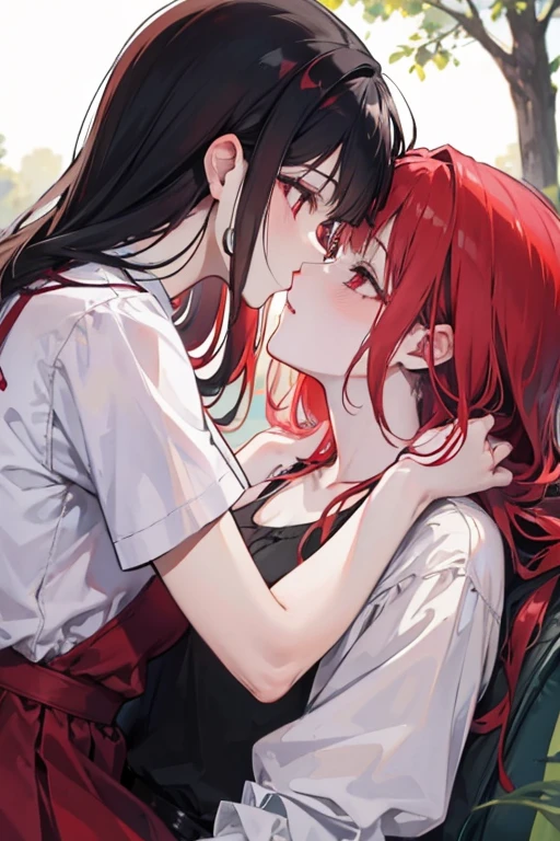 A red haired woman with red eyes is kissing a black haired woman in a park