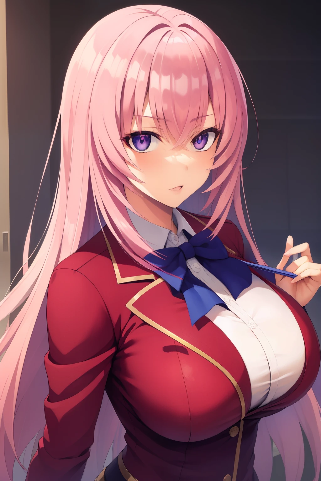 (masterpiece, best quality:1.2), a woman with long pink hair and a blue bow tie, purple eyes, in a red uniform, looking haughty, at school, ultra detailed, best quality, expressive eyes, perfect face, ultra hight quality, ultra detail , big breasts