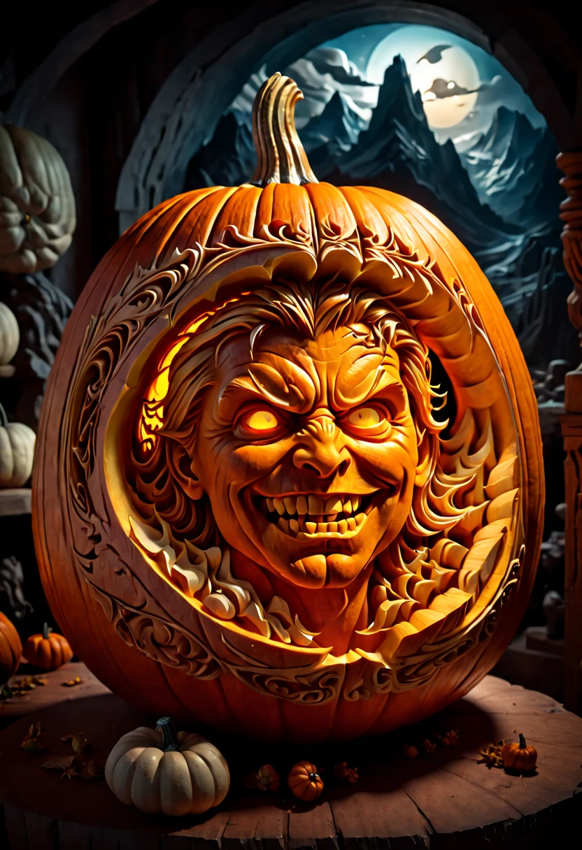 Pumpkin Carving design style, dynamic illustration by Qi Baishi and Chen Longque and Chen Dingbo Carved on Pumpkin, octane render, (best quality, masterpiece, Representative work, official art, Professional, 8k:1.3)