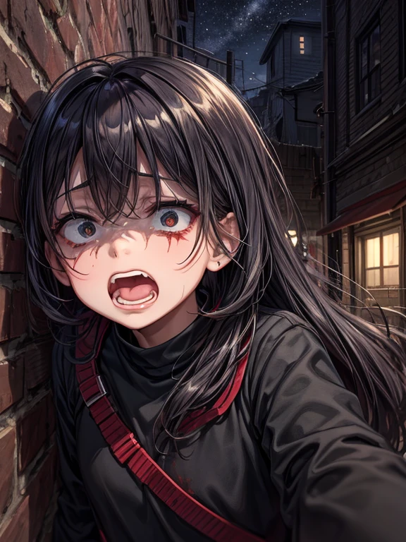 (masterpiece), best quality, high quality, dynamic light, 1boy, scared expression, open mouth, clenched teeth, upper body, face focus, bloodstains everywhere, bloodstains on the walls, night sky, dark alley, horror, from side