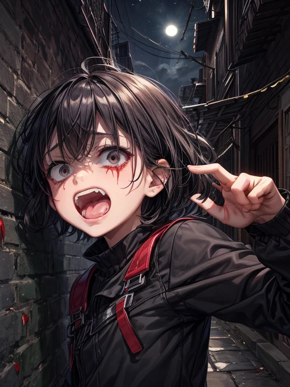 (masterpiece), best quality, high quality, dynamic light, 1boy, scared expression, open mouth, clenched teeth, upper body, face focus, bloodstains everywhere, bloodstains on the walls, night sky, dark alley, horror, from side