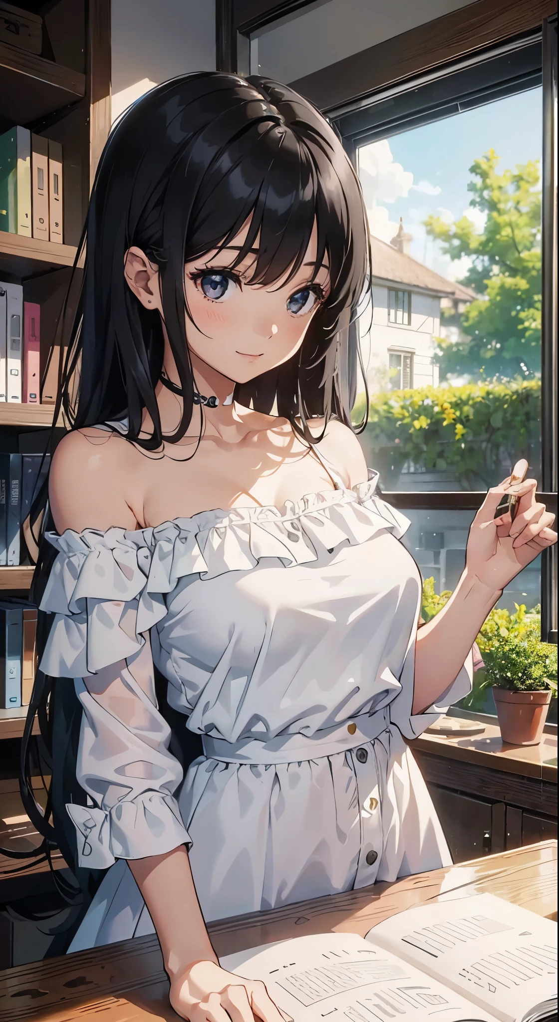 (masterpiece),(best quality),(Very detailed),(Enlightenment),(ultra high resolution)a girl,Off the shoulder dress,Smile,(Off the shoulder dresentor,black hair,Long straight hair,White shirt,mature woman,huge titrown,top down view,close-up,Write homework,inside the room,bookshelf,desktopdsm,hang up