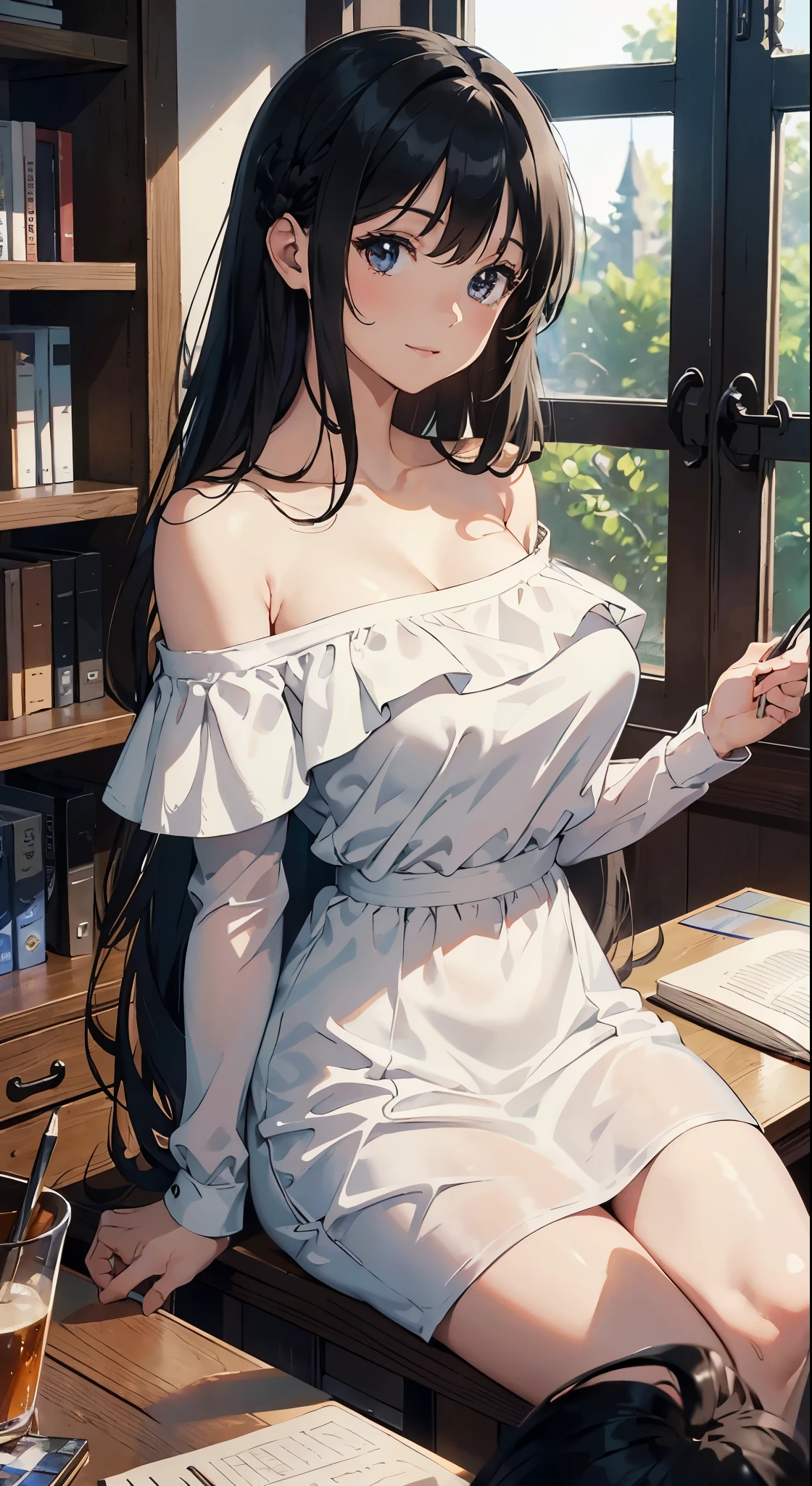 (masterpiece),(best quality),(Very detailed),(Enlightenment),(ultra high resolution)a girl,Off the shoulder dress,Smile,(Off the shoulder dresentor,black hair,Long straight hair,White shirt,mature woman,huge titrown,top down view,close-up,Write homework,inside the room,bookshelf,desktopdsm,hang up