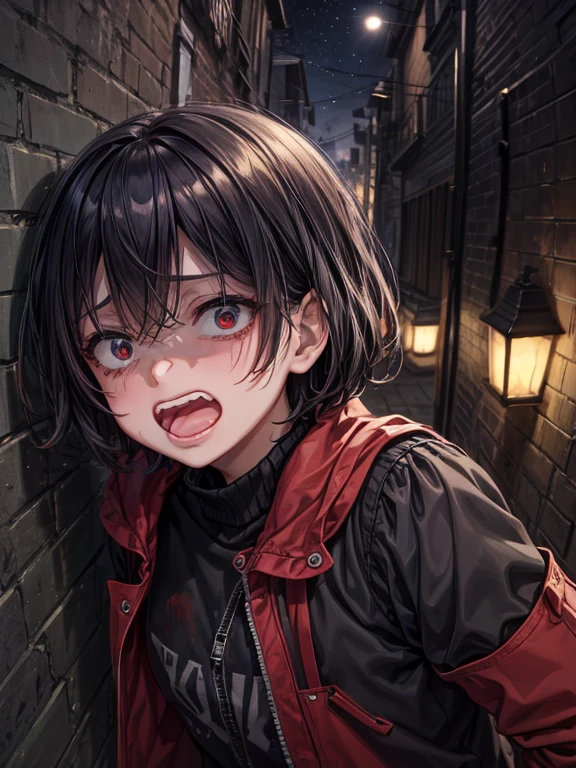(masterpiece), best quality, high quality, dynamic light, 1boy, scared expression, open mouth, clenched teeth, upper body, face focus, bloodstains everywhere, bloodstains on the walls, night sky, dark alley, horror, from side