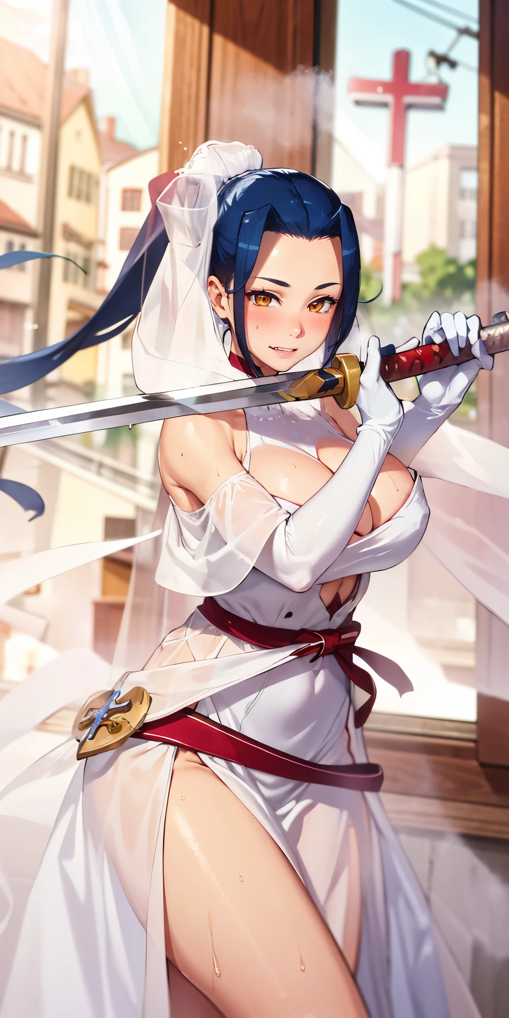 blue hair, ponytail, brown eyes, breasts, epic art, fantasy, breasts, solo, (shaded face:1.2), hollow eyes, (x-shaped eyes, symbol shaped eyes, cross eyes), looking at viewer, embarrassed, lips, makeup, brown eyes, blush face, steaming face, clenched teeth, 1girl, gloves, veil, bridal_veil, white_gloves, elbow_gloves, cleavage, looking_at_viewer, thick_thighs, huge_breasts, bare_shoulders, see-through, thighs, solo, curvy, wedding_dress, dress, dim light, bedroom, forehead, field, reflective water, wet, sweating, steaming body, holding katana,
