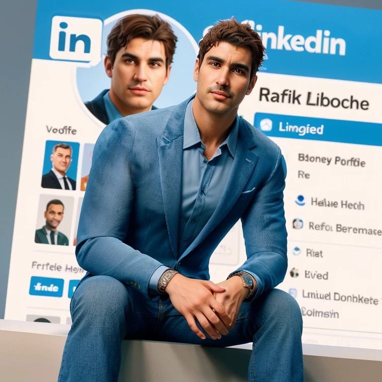 Create a 3D illustration of an animated character sitting casually on top of a social media logo "LinkedIn". The character is A handsom man (Dressed in a blue velvet jacket and blue jeans:1.2),Tall and fit , ( 40 years old :1.2), (shaven:1.2), (very short brown hair:1.3), ((very short hair:1.3)). The background of the image is a social media LinkedIn profile page with the user name "Rafik ZIBOUCHE " and a profile picture that matches the animated character.
