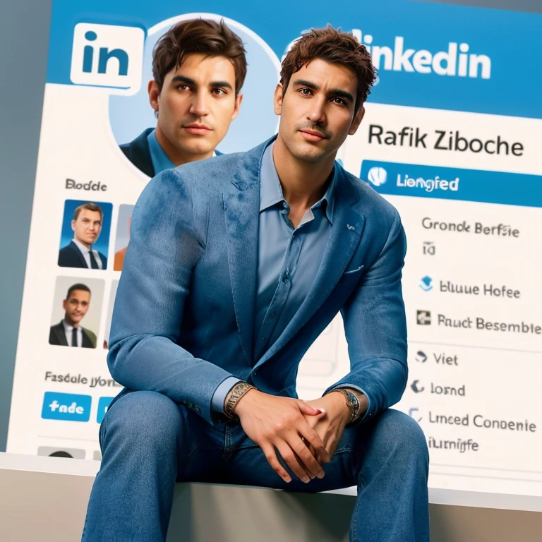Create a 3D illustration of an animated character sitting casually on top of a social media logo "LinkedIn". The character is A handsom man (Dressed in a blue velvet jacket and blue jeans:1.2),Tall and fit , ( 40 years old :1.2), (shaven:1.2), (very short brown hair:1.3), ((very short hair:1.3)). The background of the image is a social media LinkedIn profile page with the user name "Rafik ZIBOUCHE " and a profile picture that matches the animated character.