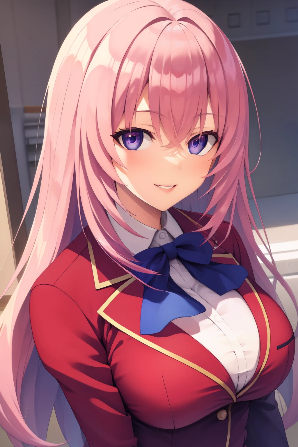 (masterpiece, best quality:1.2), a woman with long pink hair and a blue bow tie, purple eyes, in a red uniform, looking smile, at school, ultra detailed, best quality, expressive eyes, perfect face, ultra hight quality, ultra detail 