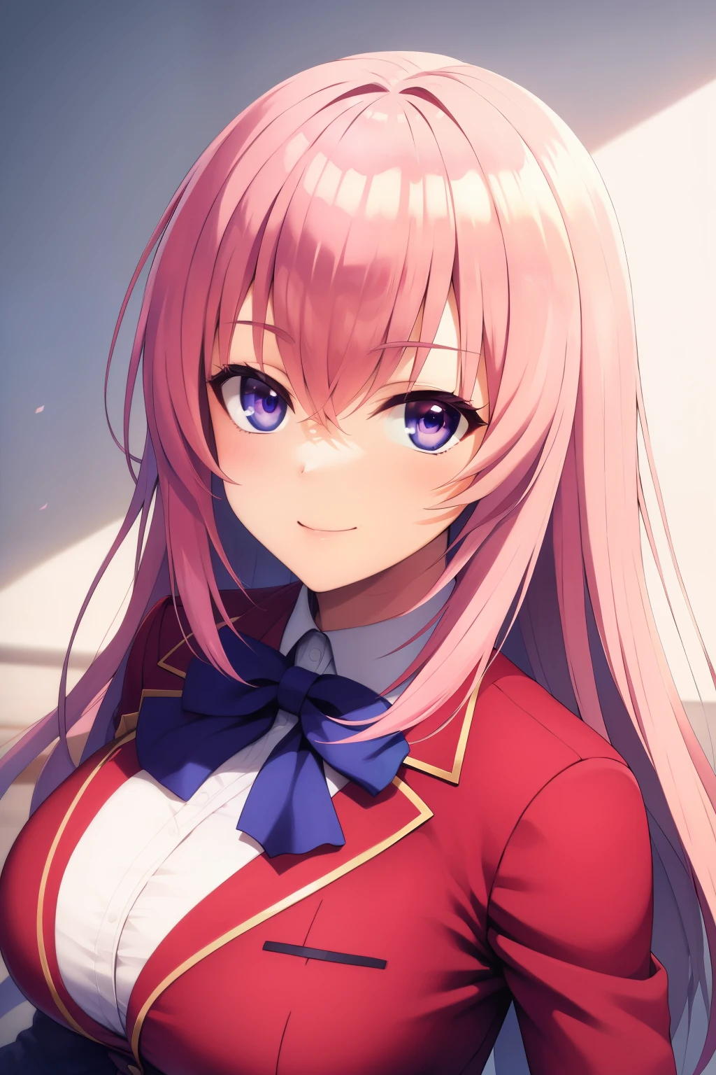 (masterpiece, best quality:1.2), a woman with long pink hair and a blue bow tie, purple eyes, in a red uniform, looking smile, at school, ultra detailed, best quality, expressive eyes, perfect face, ultra hight quality, ultra detail