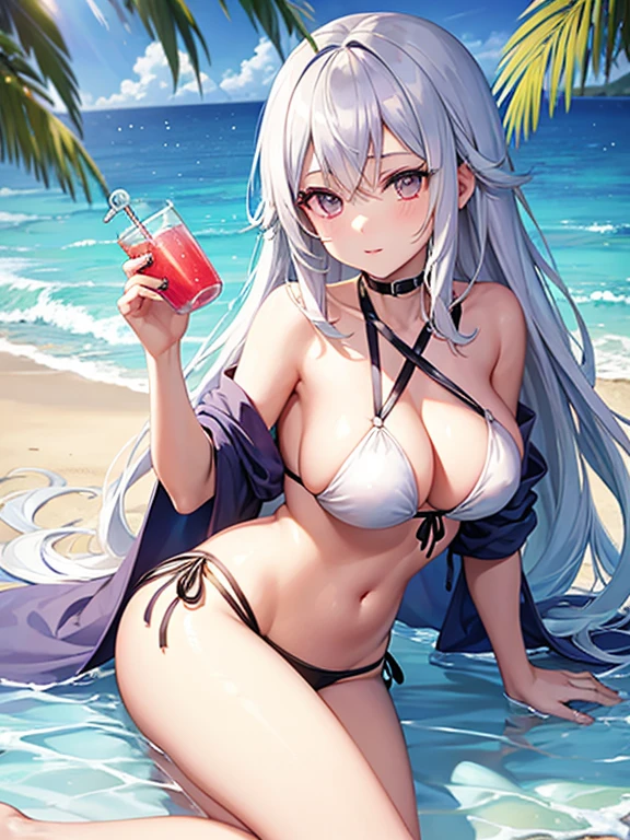 Teenage girl with snow white hair and silver eyes wearing a bikini while drinking juice on the beach