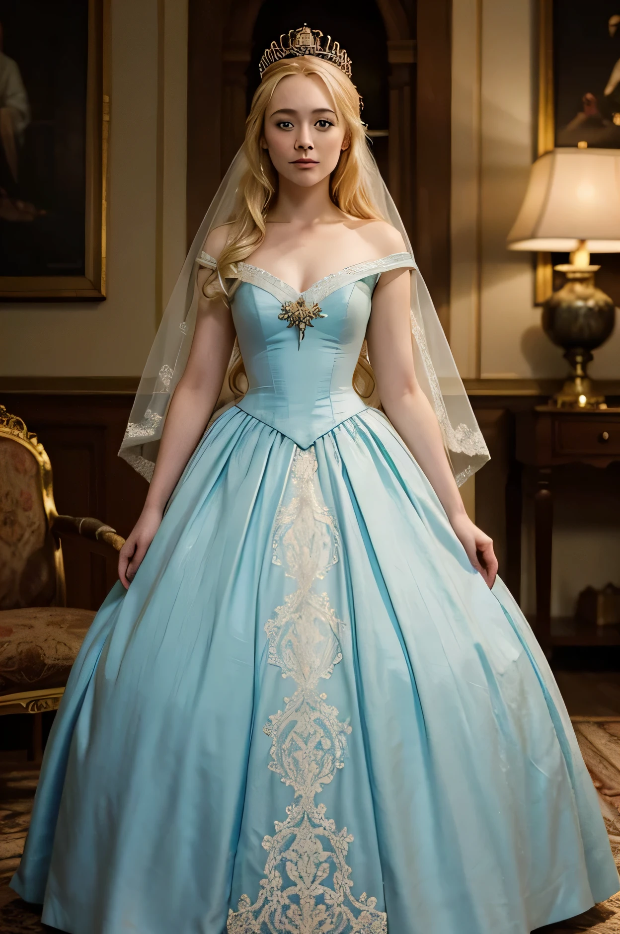 Mulher loira com uma coroa, Saoirse Ronan, corpo todo, olhos azuis, vinte anos, vestido de noiva de 1814, noiva princesa