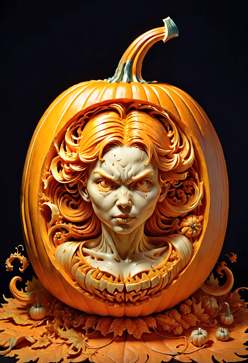 Pumpkin Carving design style, Museum Exhibition Work, dynamic illustration by James Jean Carved on Pumpkin, octane render, (best quality, masterpiece, Representative work, official art, Professional, 8k:1.3)