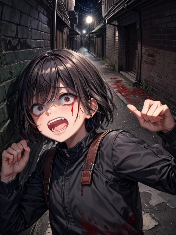 (masterpiece), best quality, high quality, dynamic light, 1boy, scared expression, open mouth, clenched teeth, upper body, face focus, bloodstains everywhere, bloodstains on the walls, night sky, dark alley, horror, from side