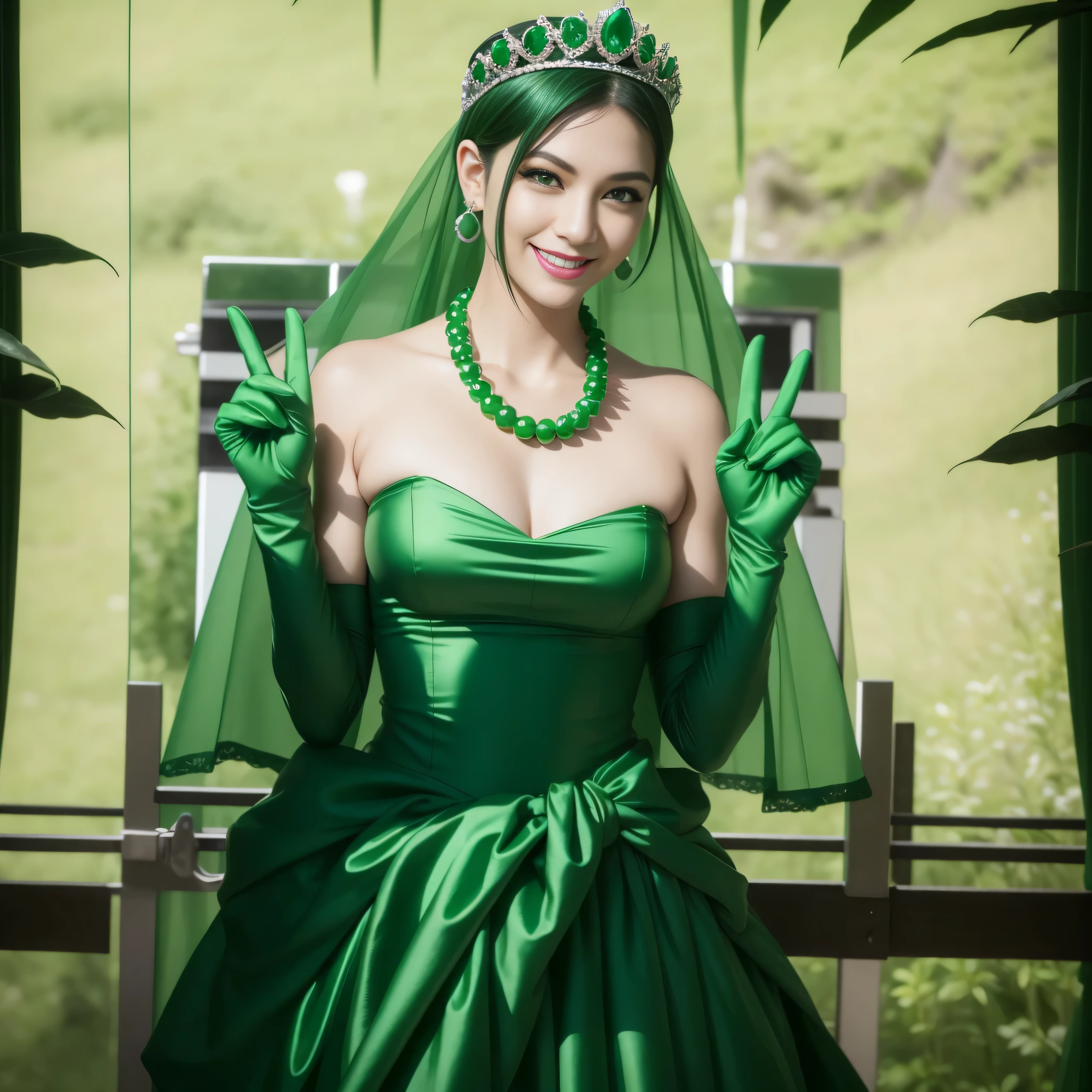 emerald tiara, green pearl necklace, boyish very short green hair, lipstick, smiling Japanese woman, very short hair, Big beautiful, green eyes, Long green satin gloves, green eyes, emerald earrings, green veil, V sign