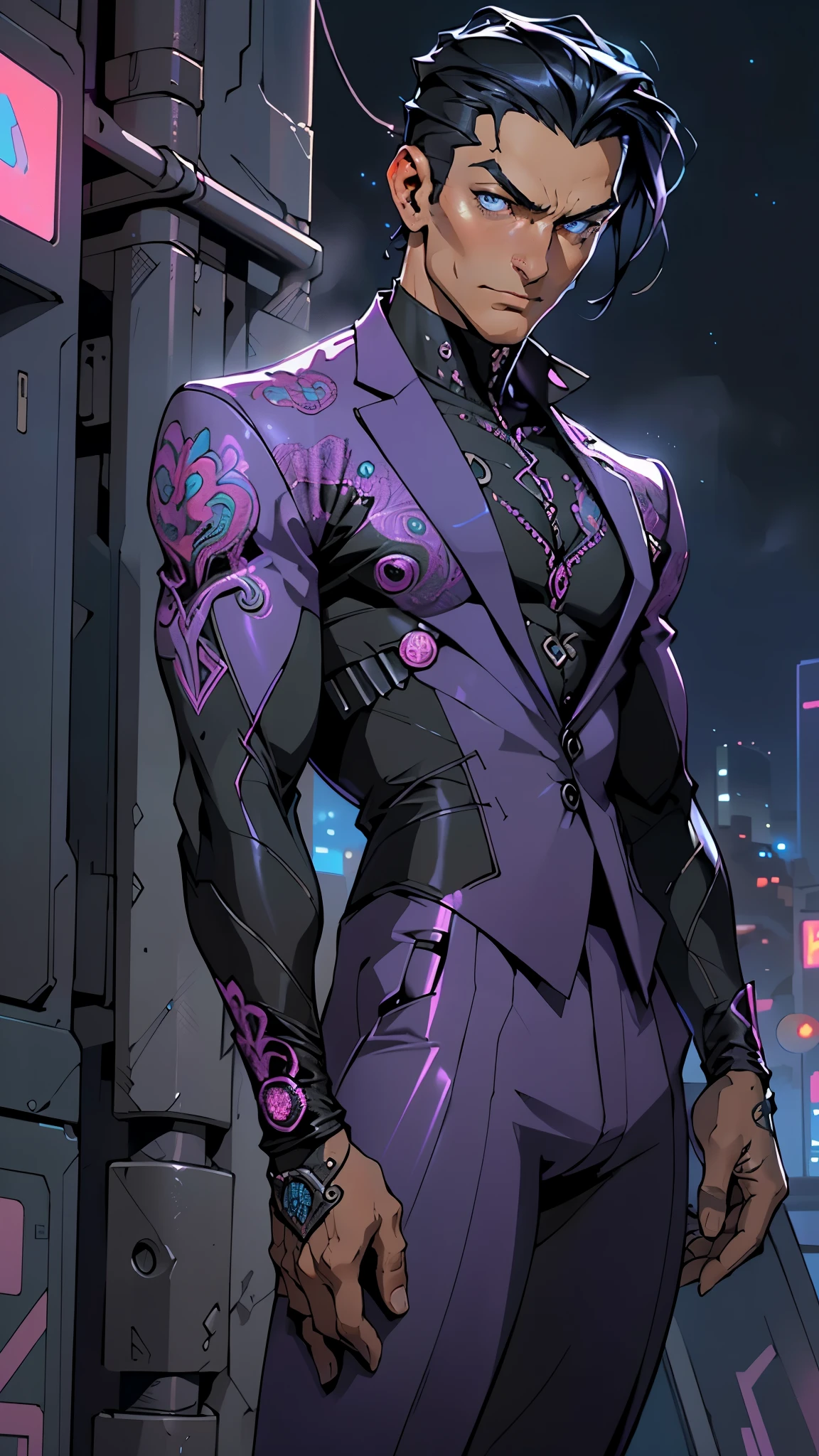 man:1.5,1 man,businessman man,(((1man))),((man with black short hair)),

(((1male,man:1.5,handsome man,male,male gender:1.5,male focus))),macho man,attractive villain,evil villain,

((slicked back hair, slicked back hair,black short haircut,)),(((lustrous skin:1.5,tanned skin,bright skin: 1.5,skin tanned,shiny skin,very shiny skin,shiny body,illuminated skin))),(((blue_eyes:1.2))),intricate eyes,beautiful detailed eyes,symmetrical eyes,((man chest)),handsome face,((muscular)),male jaw,(((detailed face))),

manly,nsfw,

cyberpunk businessman, ((Business suit:1.5)), futuristic businessman,((bulge in pants)),((dark purple and black suit:1.2)),(elegant suit),((wet clothes,intricate outfit,intricate clothes,intricate suit,ornate outfit,ornate clothes,ornate suit,embroidered outfit,embroidered clothes,embroidered suit,dragon embroidery)),

(dynamic pose:1.0),solo focus,((smug)),(centered,scale to fit dimensions,Rule of thirds),

cyberpunk city by the ocean at night, with bright neon signs and dark stormy clouds and puddles, scenery:1.25,nighttime, starry night, cosmos,Very dark night that makes the neon lights stand out, very bright neon lights,nighttime, starry night, cosmos,

highres, sharp focus, (ultra detailed, extremely detailed), (photorealistic artwork:1.37),(extremely detailed CG unity 8k wallpaper),((synthwave background theme)),(((vibrant colors))),(intricate background),(masterpiece),(best quality),
