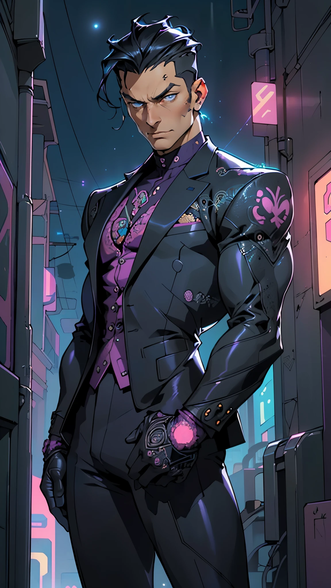 man:1.5,1 man,businessman man,(((1man))),((man with black short hair)),
(((1male,man:1.5,handsome man,male,male gender:1.5,male focus))),macho man,attractive villain,evil villain,
((slicked back hair, slicked back hair,black short haircut,)),(((lustrous skin:1.5,tanned skin,bright skin: 1.5,skin tanned,shiny skin,very shiny skin,shiny body,illuminated skin))),(((blue_eyes:1.2))),intricate eyes,beautiful detailed eyes,symmetrical eyes,((man chest)),handsome face,((muscular)),male jaw,(((detailed face))),
manly,nsfw,
cyberpunk businessman, ((Business suit:1.5)), futuristic businessman,((bulge in pants)),((dark purple and black suit:1.2)),(elegant suit),((wet clothes,intricate outfit,intricate clothes,intricate suit,ornate outfit,ornate clothes,ornate suit,embroidered outfit,embroidered clothes,embroidered suit,dragon embroidery)),
(dynamic pose:1.0),solo focus,((smug)),(centered,scale to fit dimensions,Rule of thirds),
cyberpunk city by the ocean at night, with bright neon signs and dark stormy clouds and puddles, scenery:1.25,nighttime, starry night, cosmos,Very dark night that makes the neon lights stand out, very bright neon lights,nighttime, starry night, cosmos,
highres, sharp focus, (ultra detailed, extremely detailed), (photorealistic artwork:1.37),(extremely detailed CG unity 8k wallpaper),((synthwave background theme)),(((vibrant colors))),(intricate background),(masterpiece),(best quality),