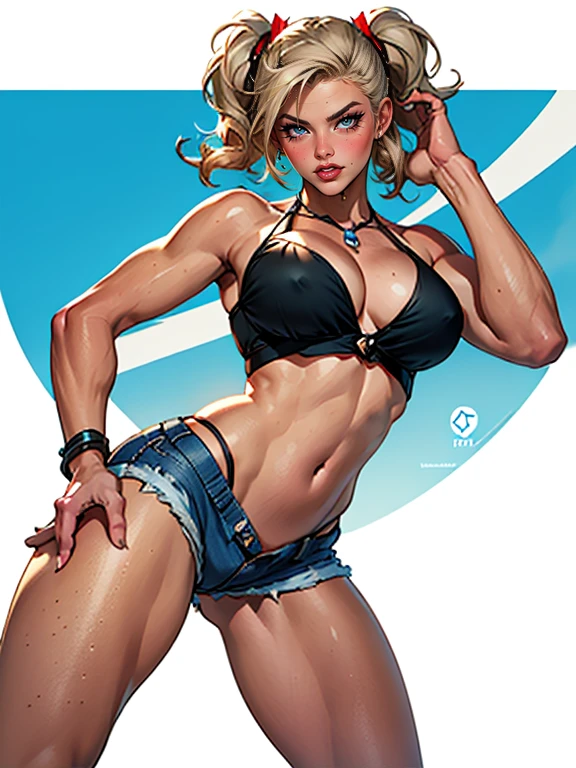 (Good quality, beste Wiedergabe), (Beautiful girl), blaue Augen, graue Haare(Bombe, Pin-Up-Stil), Psychopath, Mad Face, sexy Pose, kurze Jeans-Shorts, Muskelshirt, Pastell, zentriert, skalieren, um die Abmessungen anzupassen, Mikro-Tanga, Mini-Bikini, Kamelzehe, ((riesiger Breastodybuilder)), ((((riesige Muskeln))))